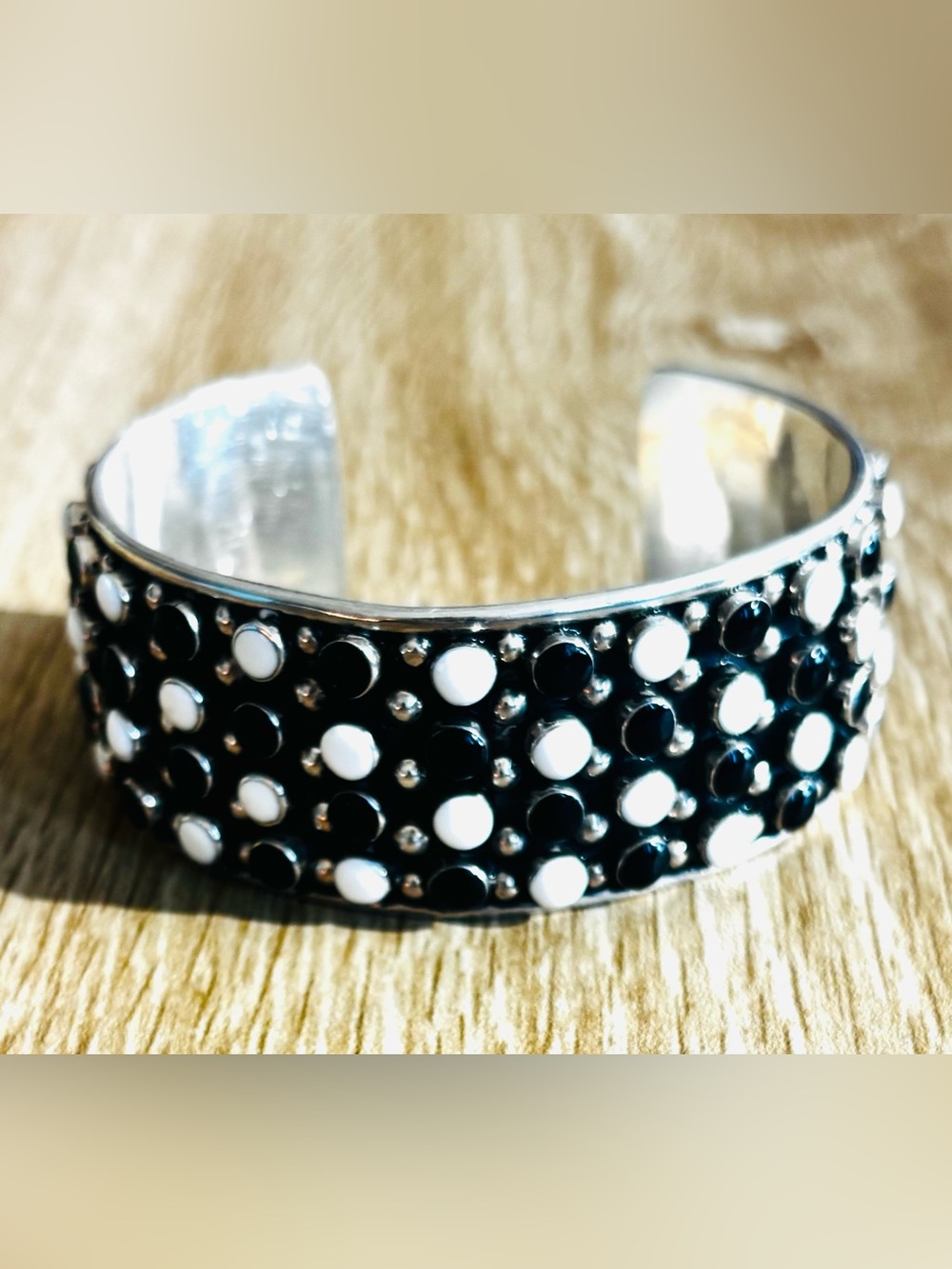 Polka Dot Pearl and Black Enamel Sterling Silver Cuff